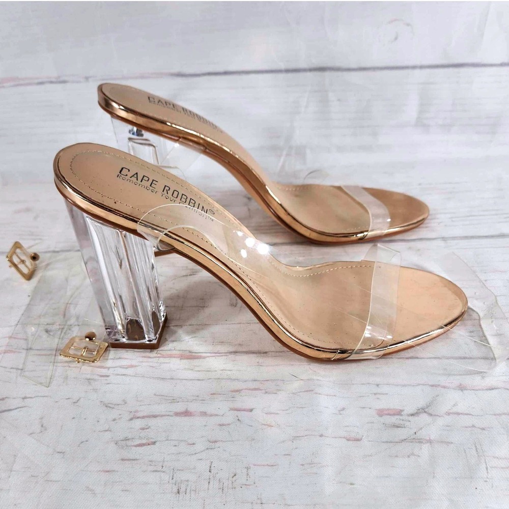 Cape Robbin Lucite Clear Strappy Block Chunky Heels -‎ Women's Size 10M